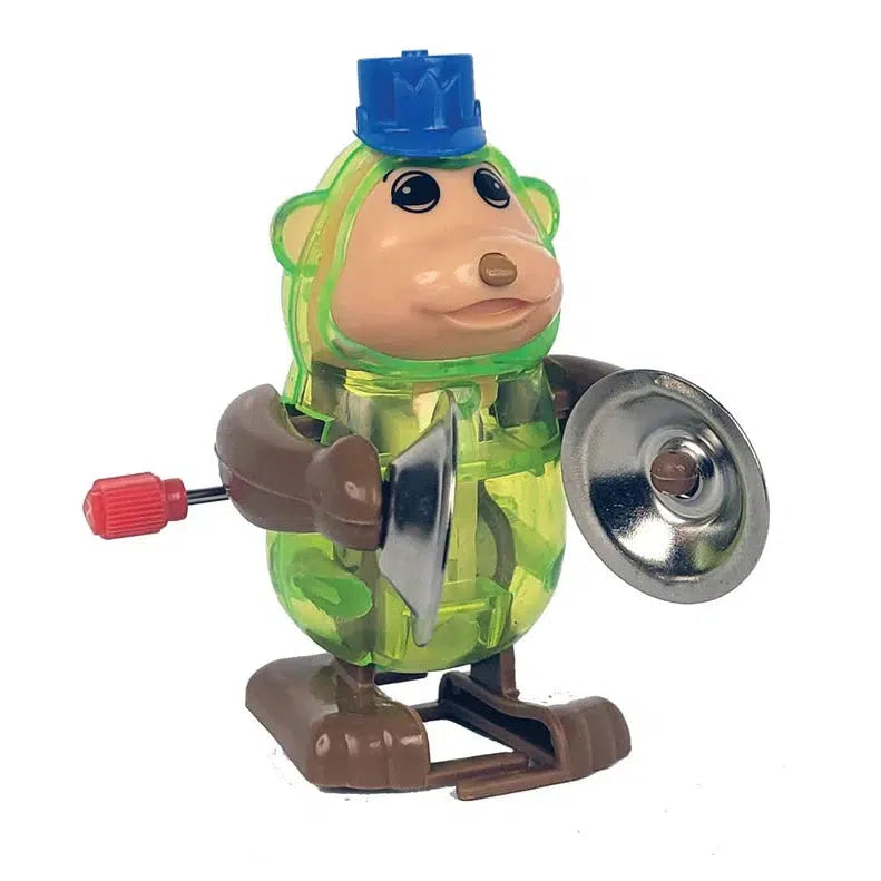 A classic toy, this wind-up monkey delights with a blue hat and cymbals in hand. Its transparent green and brown body, with red accents, sparks nostalgia while the key on its back adds whimsical charm. Perfect as a children's toy to ignite imagination and timeless joy.