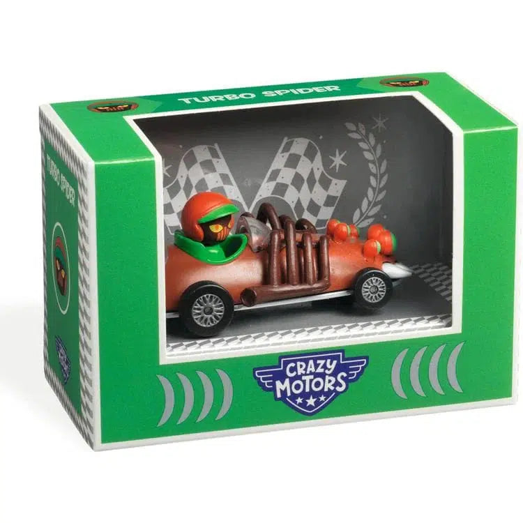 Introducing the "Turbo Spider" from Crazy Motors—a sleek boxed toy car with a green-helmeted driver in a red race car. Adorned with ultrasonic metallic paint and turbochargers, it races ahead against a checkered flag backdrop, capturing the thrill of speed and style.