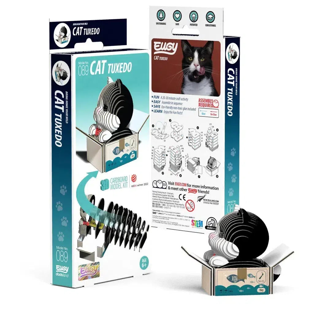 Explore the eco-friendly packaging and contents of this cardboard cat tuxedo model kit, featuring illustrated assembly instructions and components to build a 3D puzzle of a tuxedo-wearing cat figure that subtly integrates STEM concepts for an educational twist.