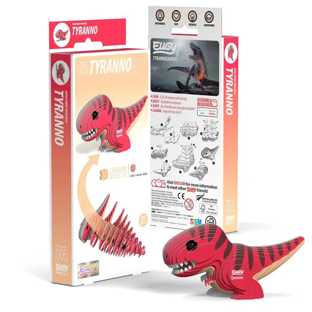 The packaging of this eco-friendly cardboard model kit for a red Tyrannosaurus features an impressive 3D dinosaur puzzle on the front. The back showcases STEM concepts with detailed explanations of the assembly process and unique features.