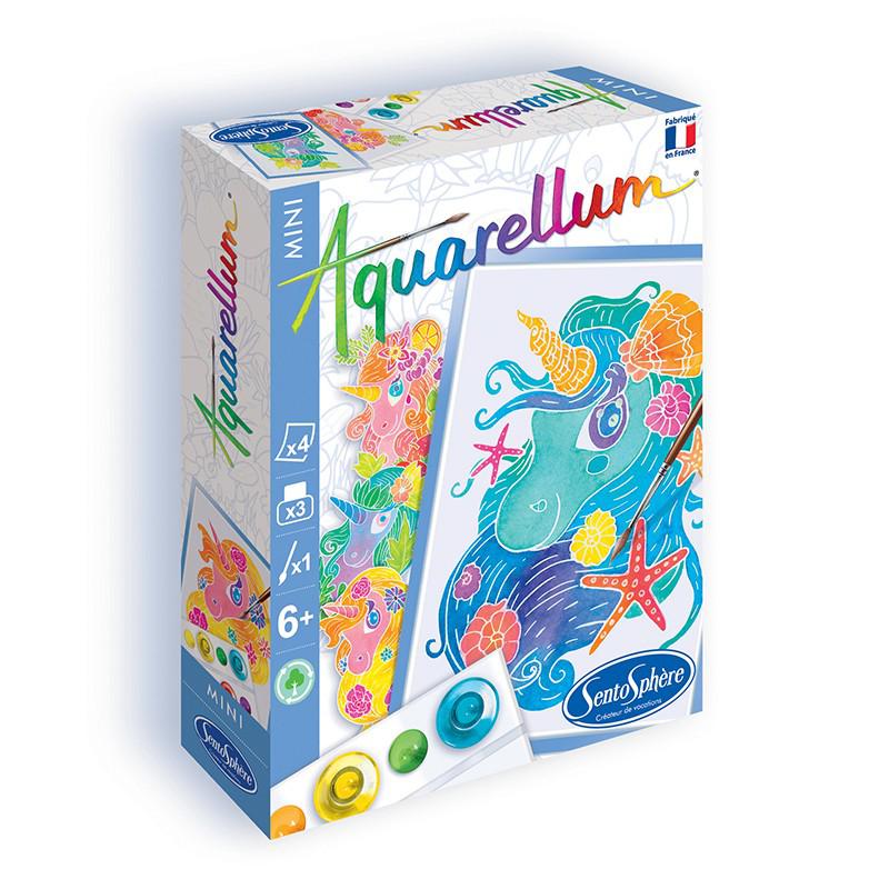 Box of "Aquarellum Mini" painting kit featuring colorful sea creatures and paint jars. This mini card kit is suitable for ages 6 and up, offering a delightful introduction to aquarelle