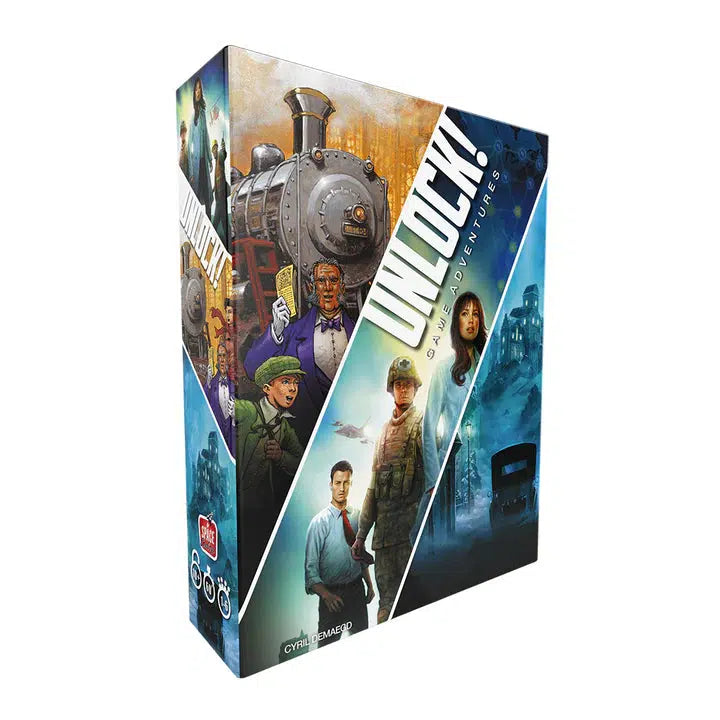 The box of "Unlock! Game Adventures" showcases stunning artwork with a train, intriguing characters, and a mysterious setting, inviting you into its escape room-inspired cooperative card game. Enhance your adventure with the companion app for an immersive experience.