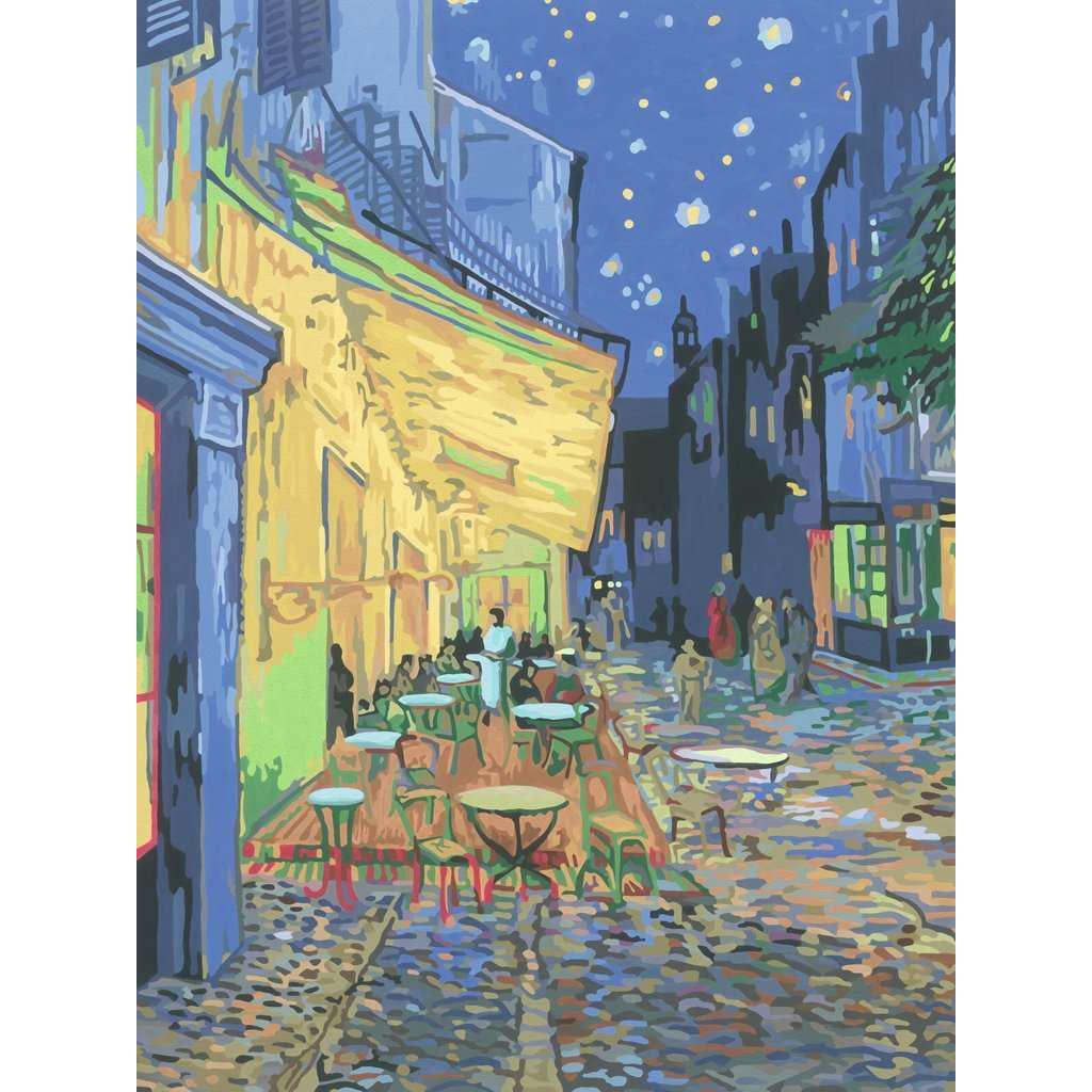 This Ravensburger Van Gogh-inspired painting captures a nighttime cafe scene with outdoor seating on a cobblestone street under a starry sky, blending the charm of a classic artwork with the joy of creating through a Paint by Numbers Kit.