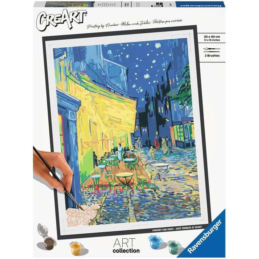 Ravensburger Van Gogh Paint-by-Numbers Kit showcases "Café Terrace at Night" with a partially painted canvas, numbered guide, and small paint pots, perfect for fans of painting arts and crafts.