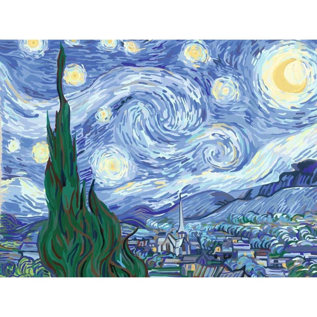 A swirling night sky with stars and a crescent moon over a small town and cypress trees, inspired by Van Gogh's "The Starry Night," captures the essence of Ravensburger Van Gogh's artistry.