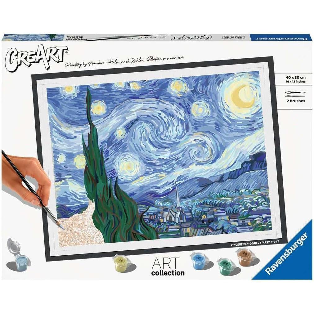 This Ravensburger Van Gogh Paint by Numbers Kit showcases a template of the iconic "Starry Night," complete with paint pots and a brush for hands-on creativity. Perfect for arts and crafts enthusiasts looking to recreate a masterpiece with ease.