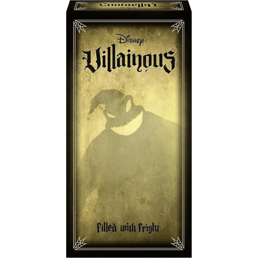 Box cover of Ravensburger Disney Villainous: Filled with Fright, featuring a shadowy silhouette on a textured, gold background. Dive into the Oogie Boogie Expansion of this strategy board game for an added thrill.