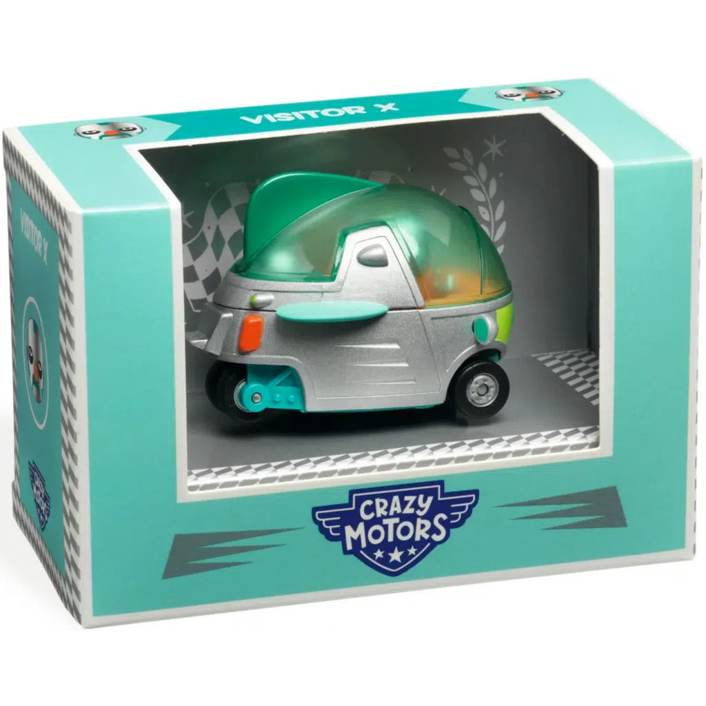 A toy vehicle in a box labeled "Crazy Motors" offers modern quirkiness. The silver, three-wheeled car features green accents, adding charm to its old-timey nostalgia. Packaged in a teal and white box, it boasts the name "Visitor X.