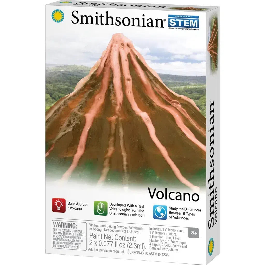 Box of a Smithsonian STEM volcano kit featuring an erupting model volcano on the front, ready to simulate an eruption using baking powder and vinegar.