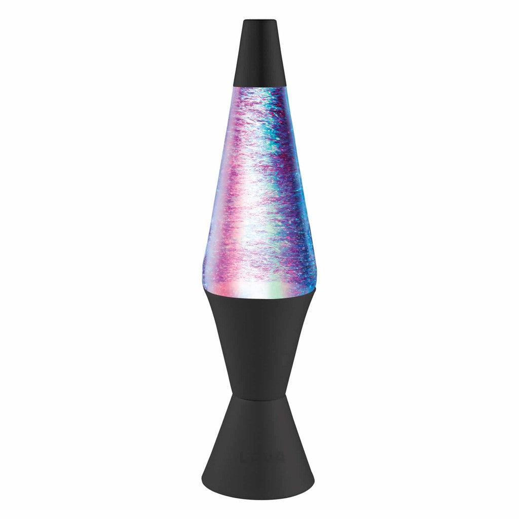 A LAVA Lamp Vortex with a black base and cap, featuring swirling, colorful liquid enhanced by mesmerizing glitter action.