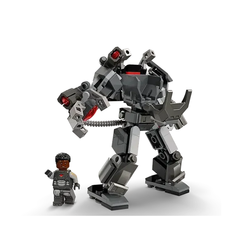 The mech is opened with the head tilted back and the lego minifig that was inside is standing next to it.