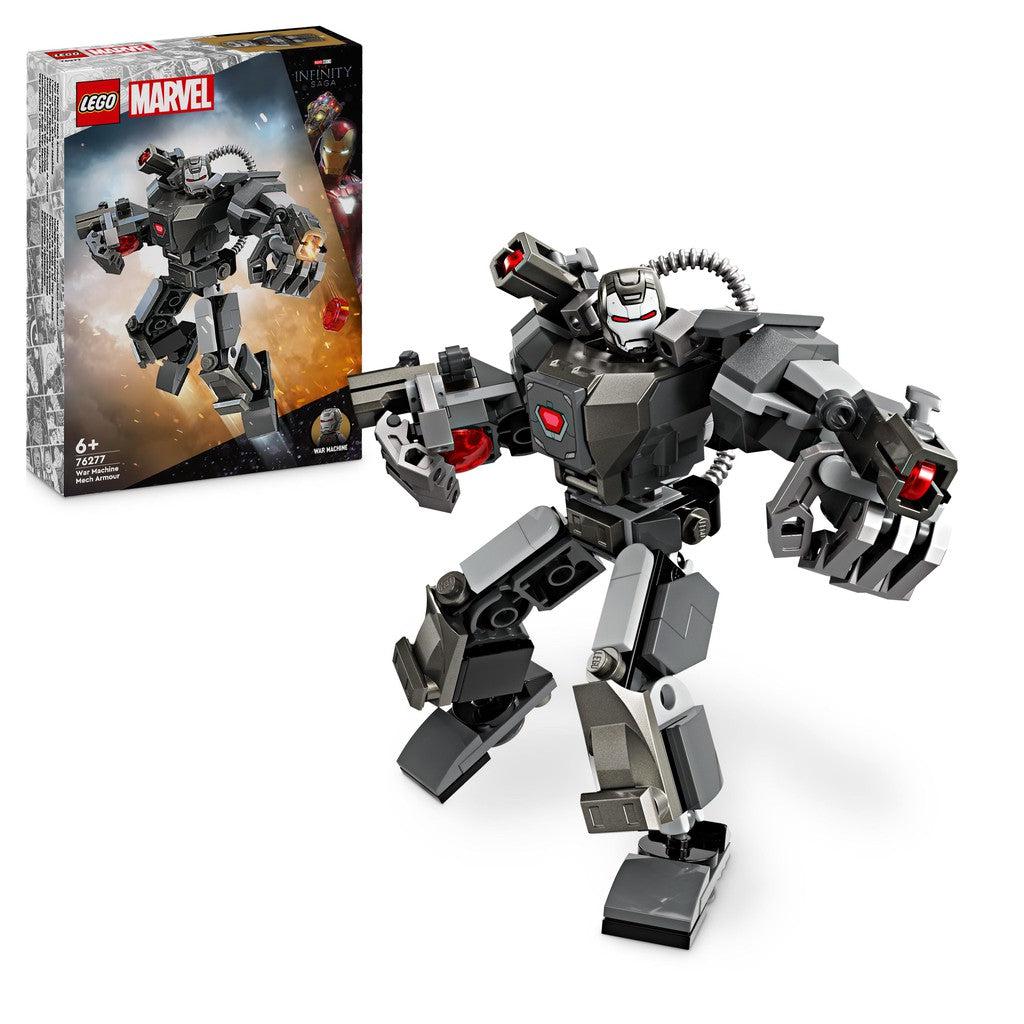 The large lego marvel war machine mech is shown in front of it's box.