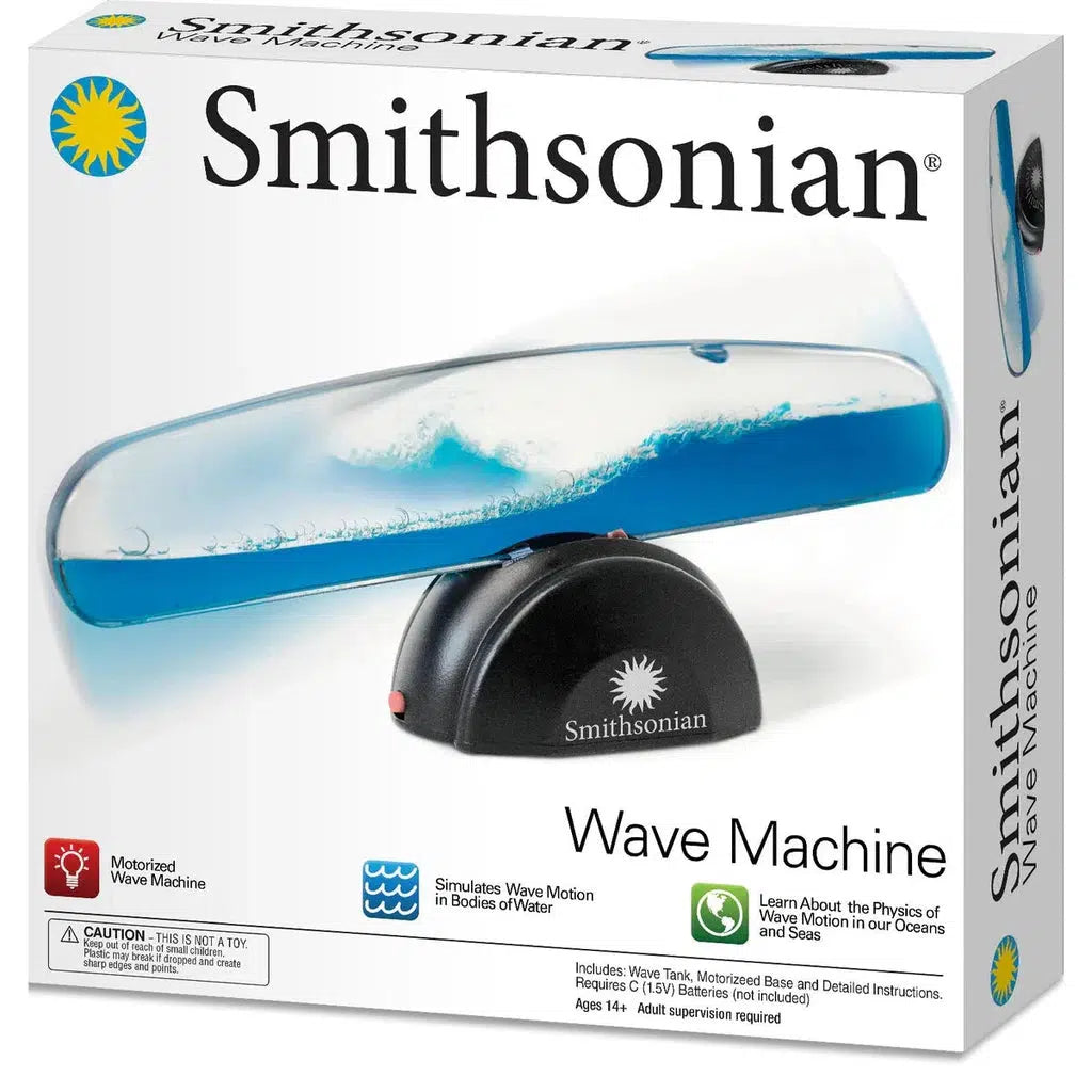 The box of a Smithsonian Wave Machine features a motorized device that simulates wave motion, including rogue waves, in bodies of water. Enhanced with educational insights about ocean physics, it also includes a captivating STEM poster. Suitable for ages 14 and up.