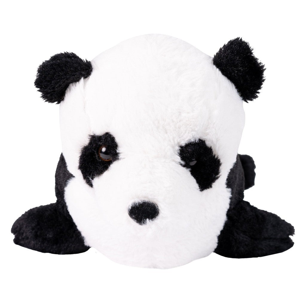 Plush toy of a black and white panda bear, viewed from the back.