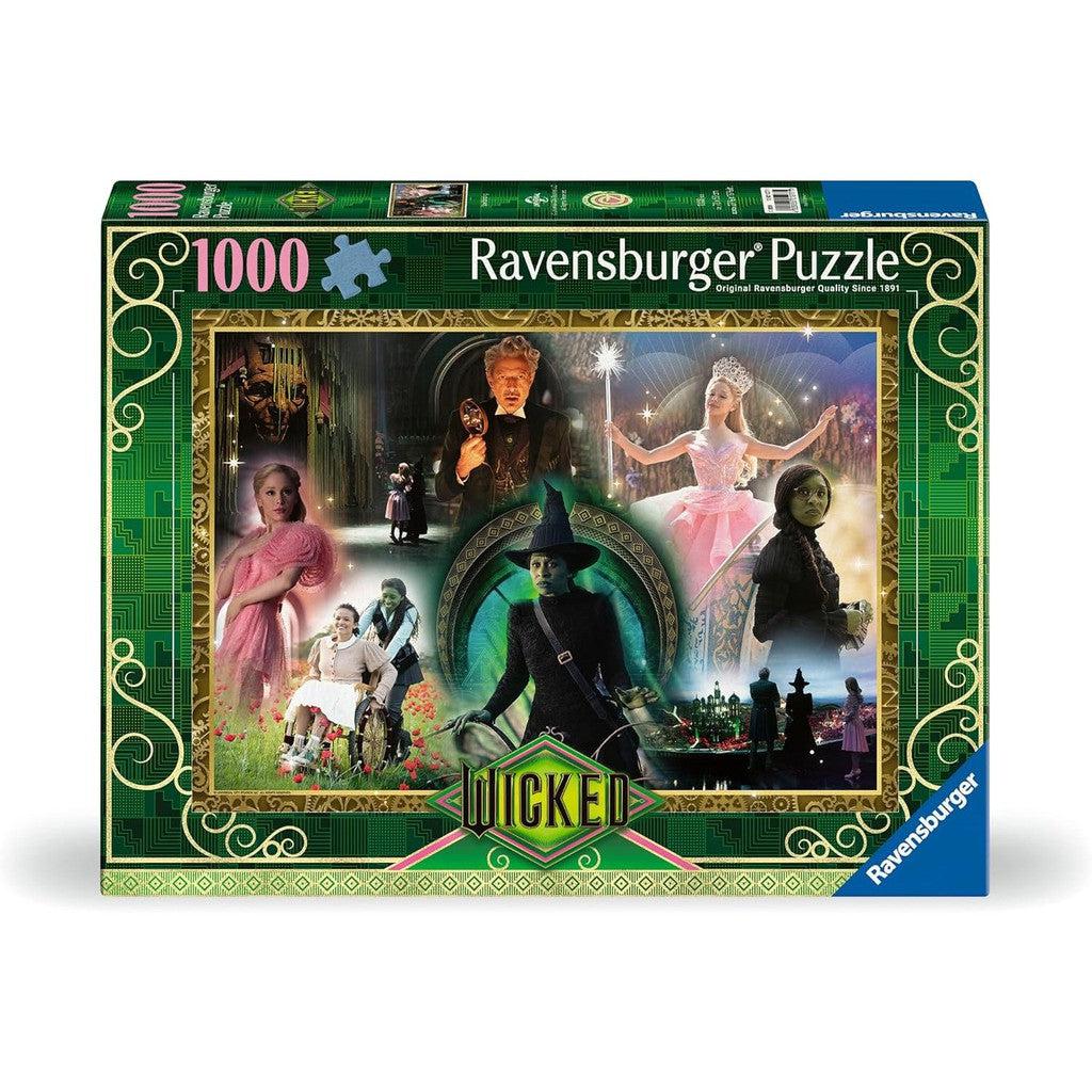 Discover the Ravensburger Wicked 1000-piece jigsaw puzzle, a captivating blend of toys &amp; games. This enchanting set showcases characters from the musical, all framed by an intricate green ornate border, promising a spellbinding experience for puzzle enthusiasts.