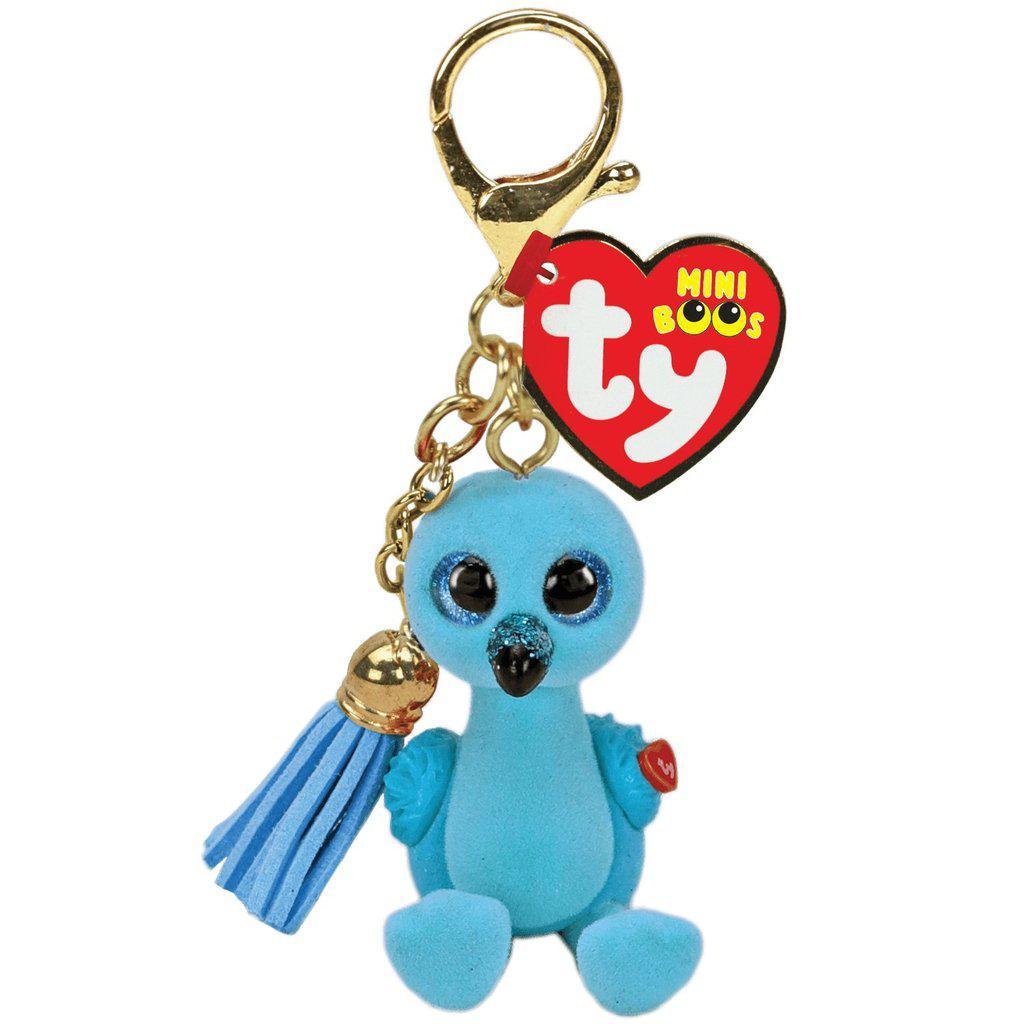 Image of the William the Flamingo Keychain. It is an azure blue flamingo with sparkly blue eyes and a black beak.