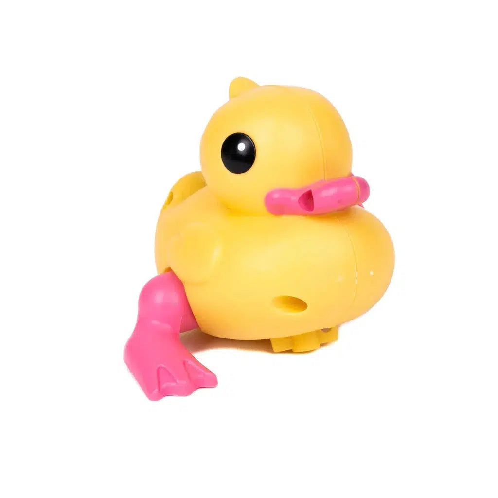 The Toysmith Wind Up Toy Duck, a charming yellow plastic toy with a pink beak and feet, is designed to swim around delightfully against a white background.