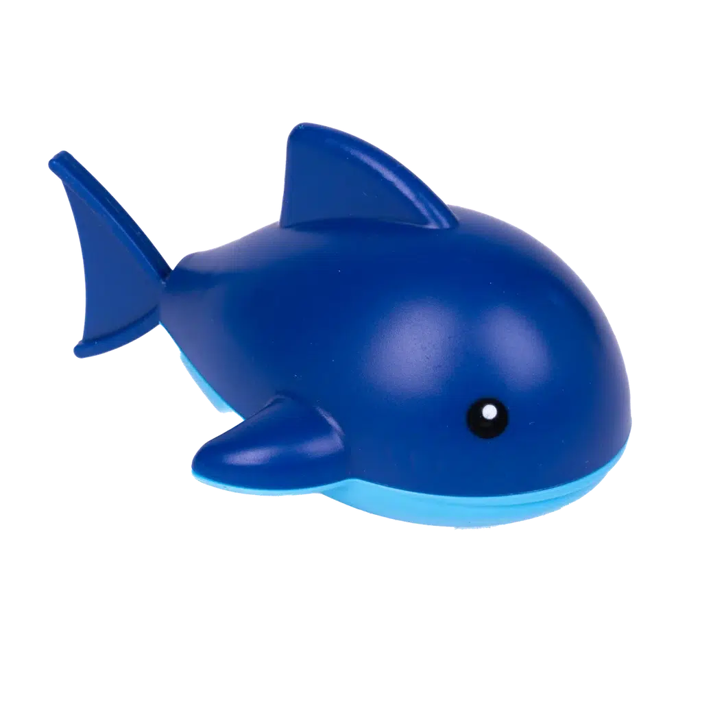 A smiling blue wind-up toy shark with black eyes, ready to splash around on a white background.