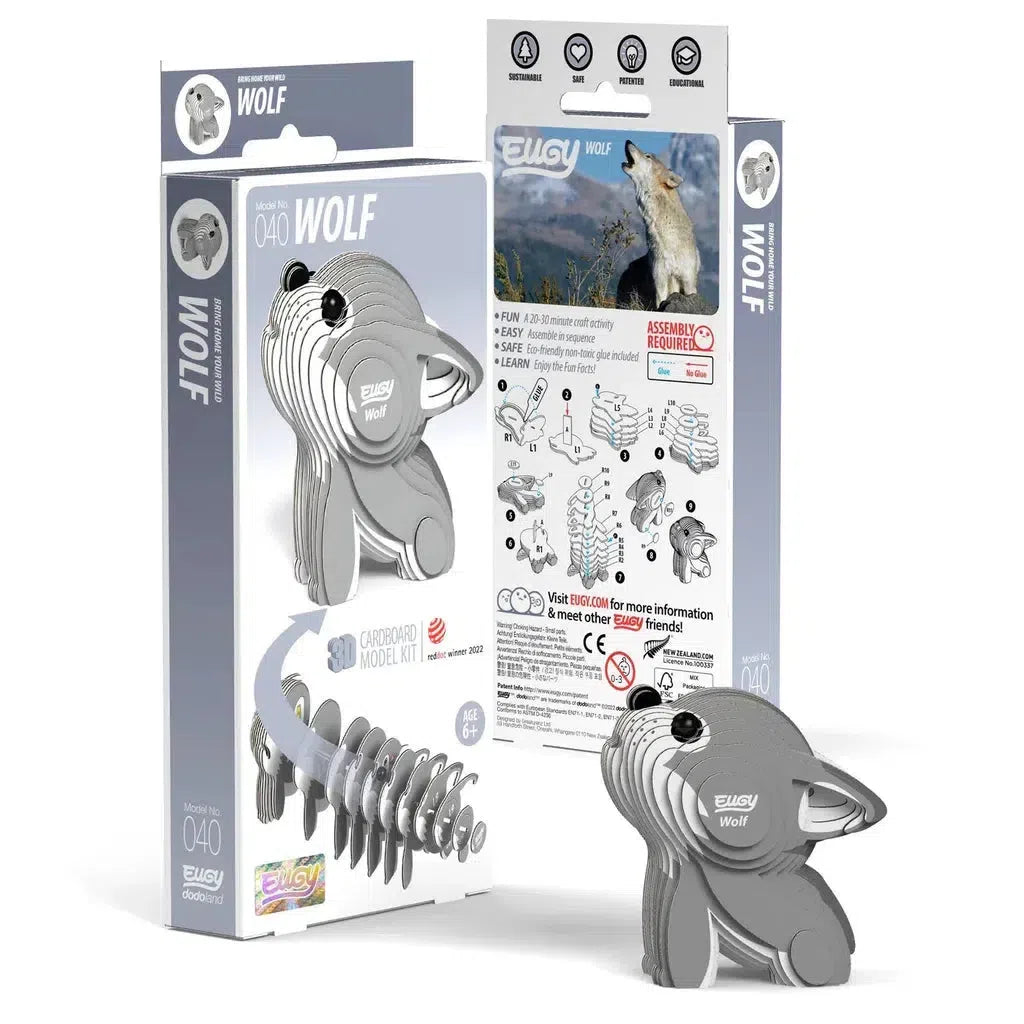 The EUGY cardboard wolf model kit is both a 3D puzzle and an educational tool, integrating STEM concepts. The packaging features detailed assembly steps alongside a striking wolf photo for inspiration.