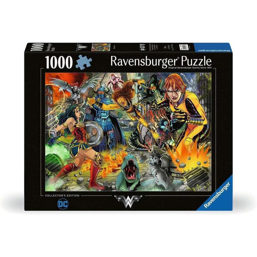 Experience the thrill of assembling a Ravensburger 1000-piece jigsaw puzzle box, showcasing vibrant DC superhero and villain artwork, including the iconic Wonder Woman.