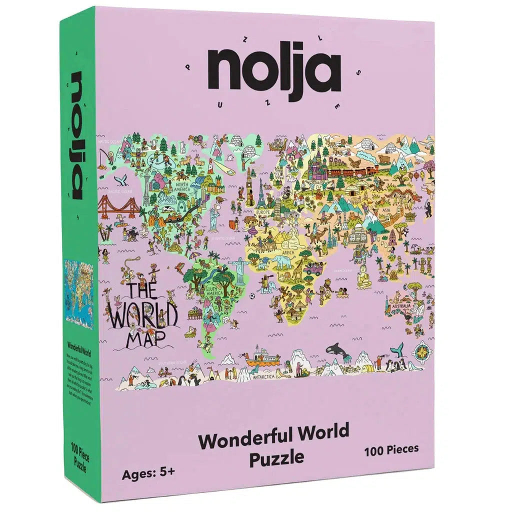 Discover the "Wonderful World" puzzle by Nolja, a 100-piece journey into world exploration. Featuring a colorful, illustrated map, it highlights fascinating countries and amazing places, inviting puzzlers of all ages to explore our planet with every piece.