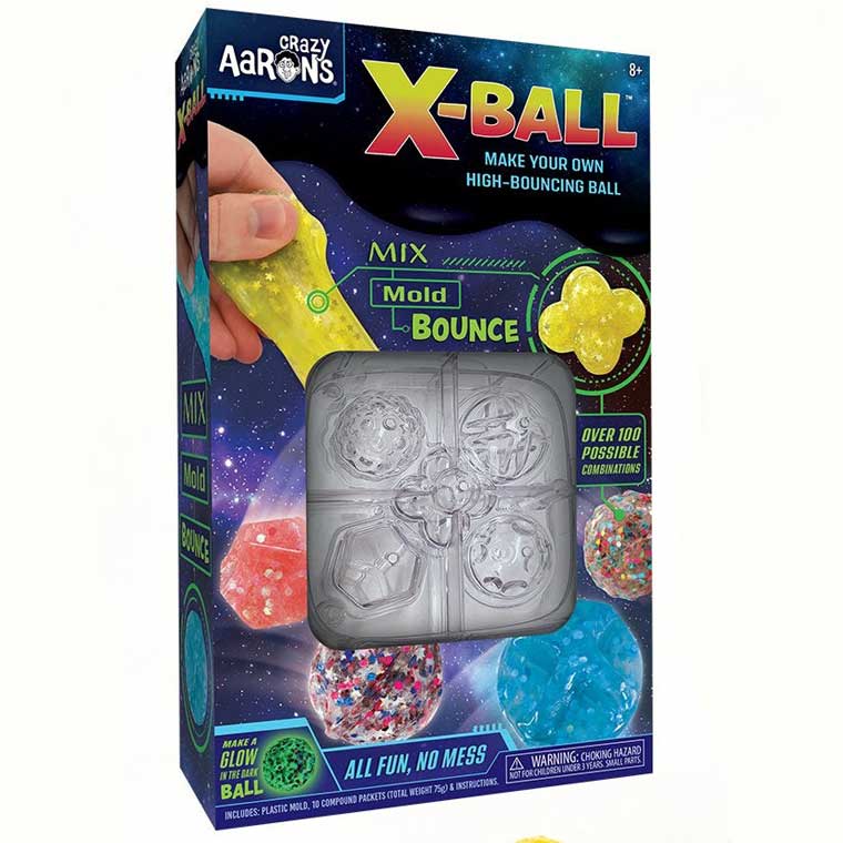         Box of Crazy Aaron's X-Ball kit for making high-bouncing balls with mold and mix options, featuring a molding tray for easy creation. Showcasing various designs and colors, the text reads "All Fun, No Mess!" and highlights over 100 possible combinations using the provided compounds.