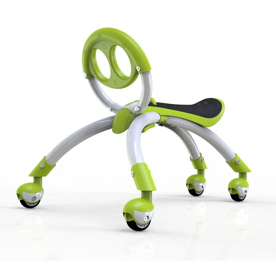 The YBIKE Pewi Elite is a developmental green and gray ride-on toy featuring a circular handle, curved frame, and sturdy four wheels.