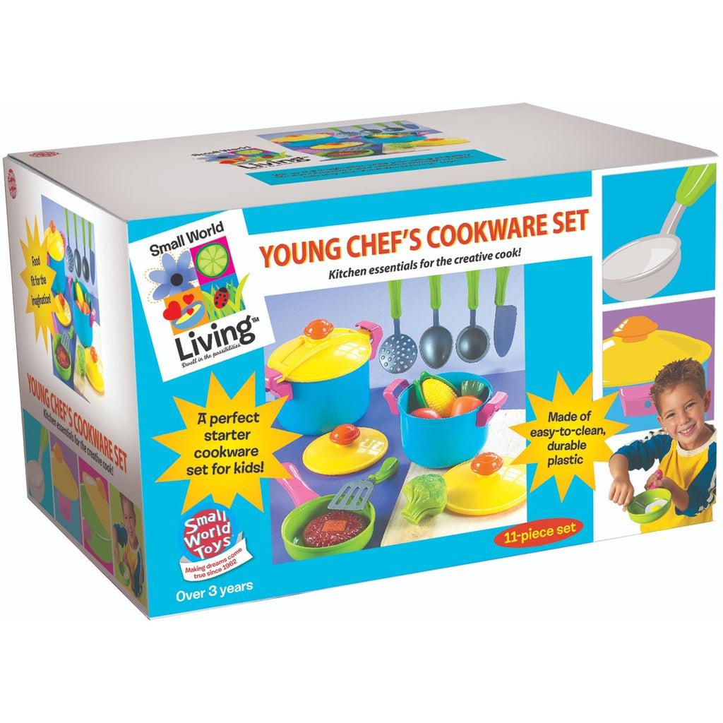 Image of the packaging for the Young Chef's Cookware Set. On the box it shows a picture of the included tools and food. It also shows a picture of a smiling little boy enjoying cooking by himself.