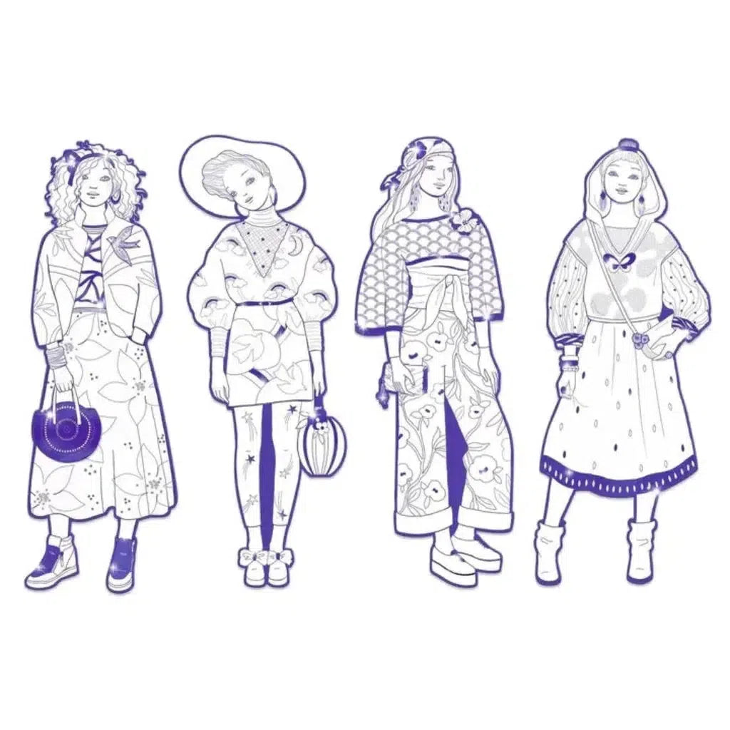 Illustration of four women in diverse, patterned outfits and accessories, each with unique hairstyles and poses, in a minimalistic style.