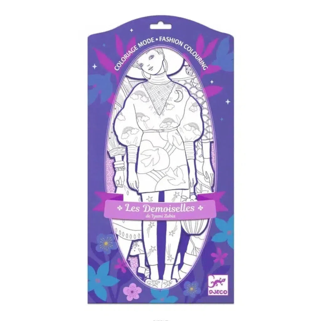 Coloring activity kit packaging featuring a line drawing of a woman in fashion attire, titled "Les Demoiselles" by Djeco. The package is predominantly purple with floral motifs.