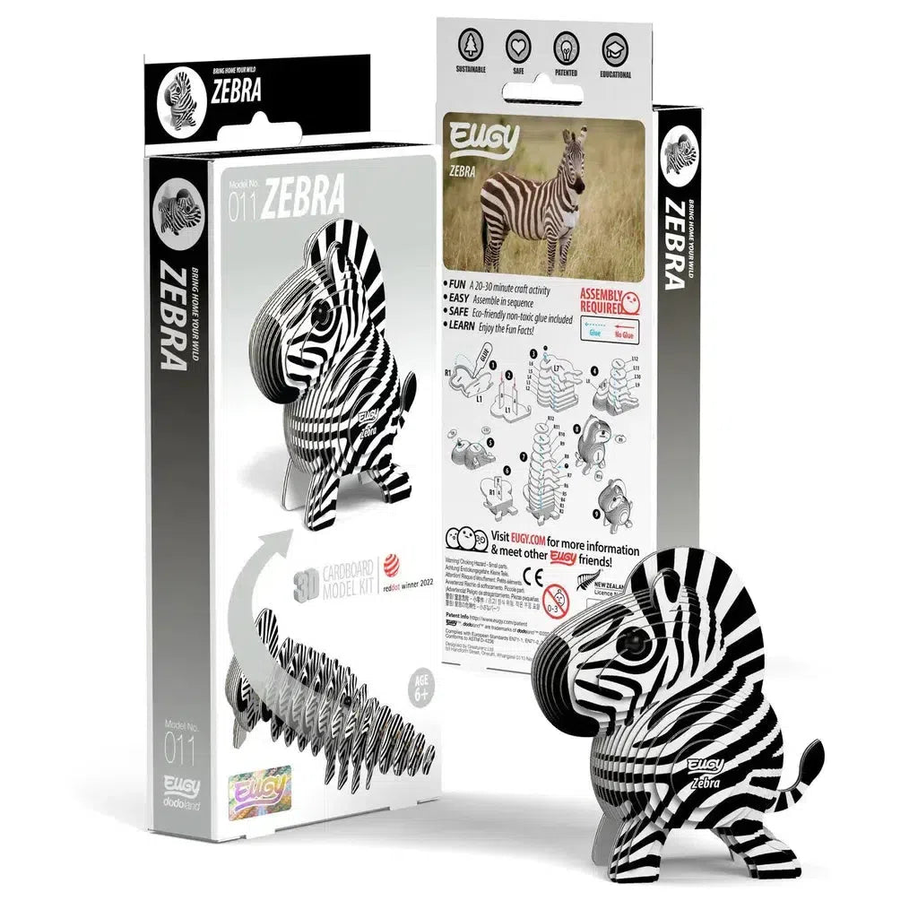 Eco-friendly zebra-themed 3D cardboard puzzle model kit with packaging, illustrating STEM concepts through detailed assembly instructions and a completed figure.