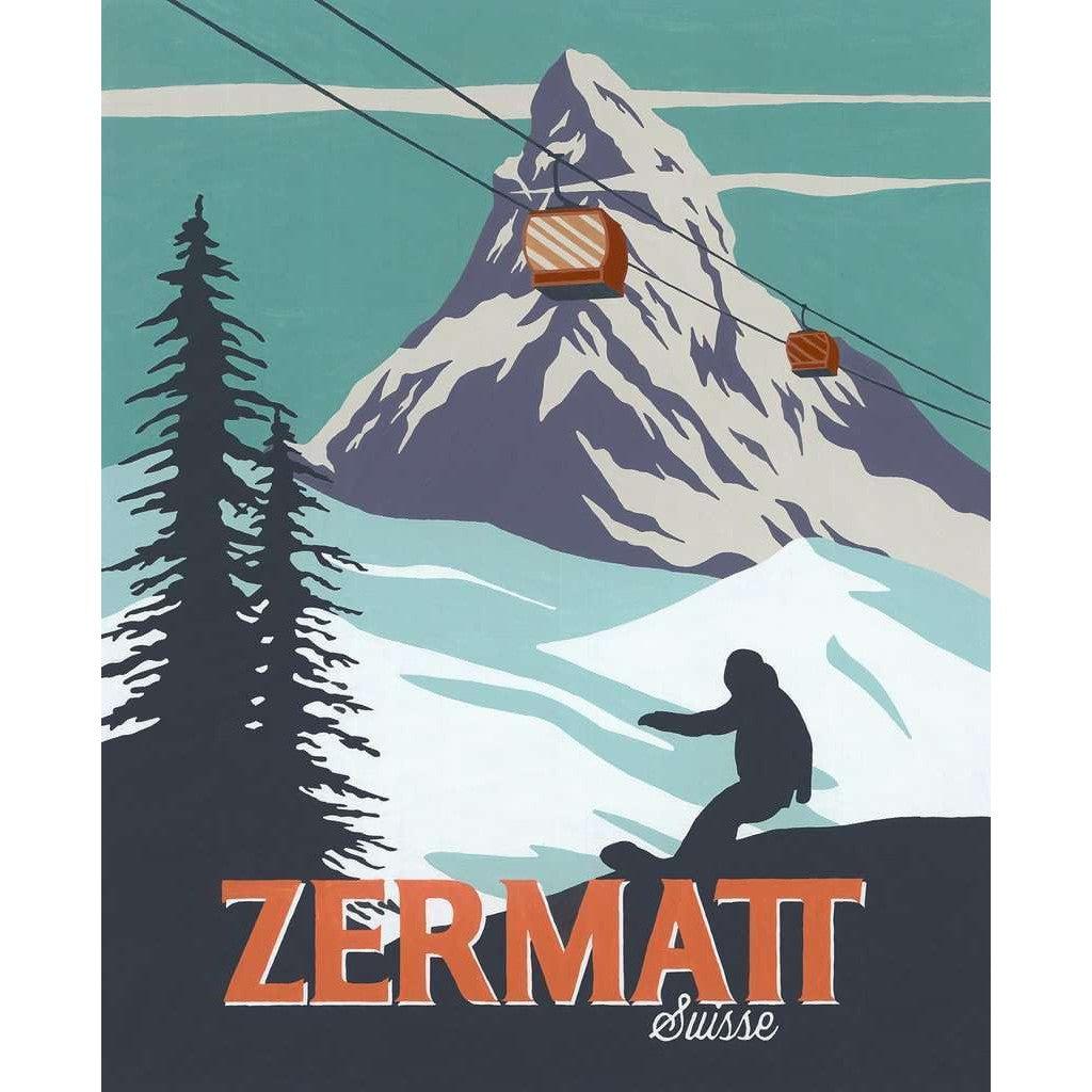 Vintage-style poster of Zermatt, Switzerland, featuring a silhouette of a snowboarder, two cable cars, pine trees, and the Matterhorn mountain in the background. Inspired by Ravensburger Zermatt Paint by Numbers for those who love Painting Arts and Crafts.