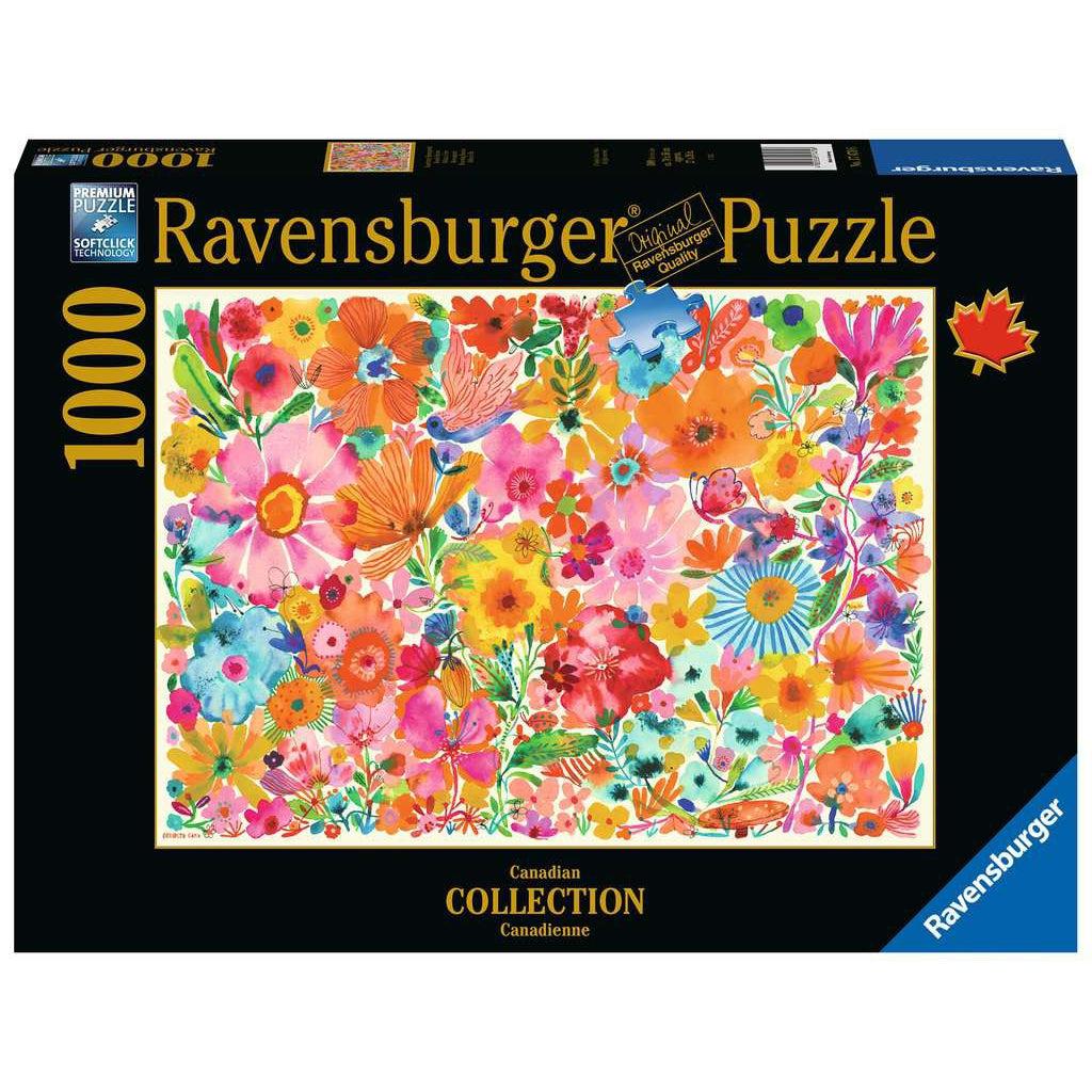 Image shows front of puzzle box. It has information such as brand name, Ravensburger, and piece count (1000pc). In the center is a picture of the finished puzzle. Puzzle described on next image.