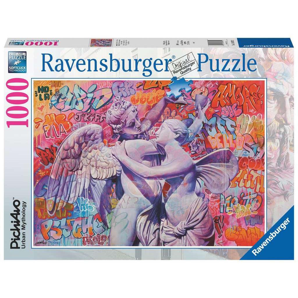 Image of the front of the puzzle box. It has information such as the brand name, Ravensburger, and the piece count (1000pc). In the center of the box is a picture of the finished puzzle. Puzzle described on next image.