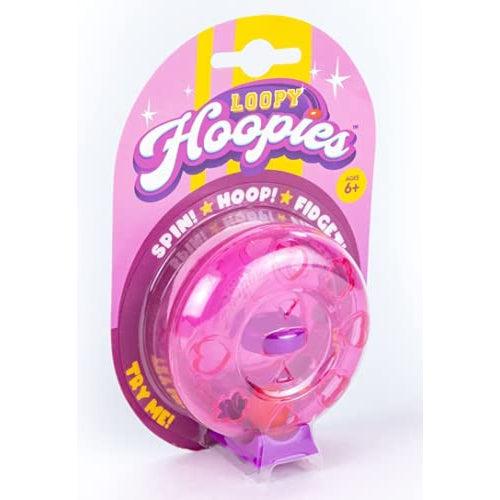 a loopy hoopie in it's blister card packaging. It reads: Loopy Hoopies, spin, hoop, fidget!