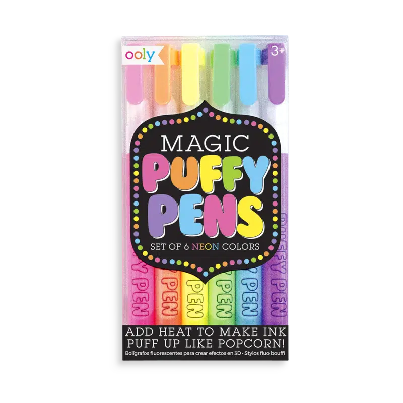 Magic Neon Puffy Pens-OOLY- six colored pens in pink, orange, yellow, green, blue, and purple. Add heat to make ink puff up