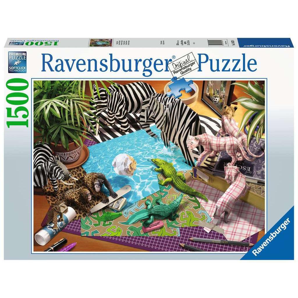 Image of front of puzzle box. It has information such as the brand name, Ravensburger, and the piece count (1500pc). In the center is a picture of the finished puzzle. Puzzle described on next image.