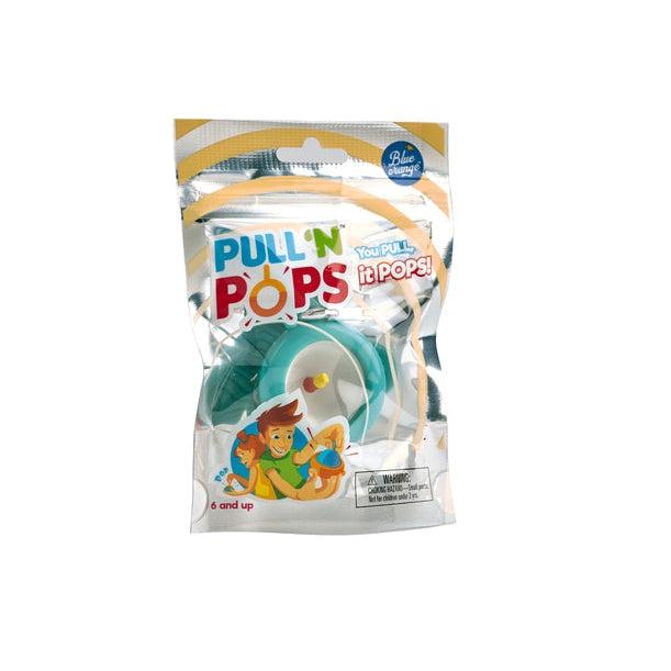 A vacum sealed bag reads: Pull 'n Pops: you pull, it pops! There is a cartoon image of a boy and a girl each playing with one of the pull 'n pops. The blue orange games logo is in the top right and a choking hazard warning in borrom right. Next image describes the toy itself.