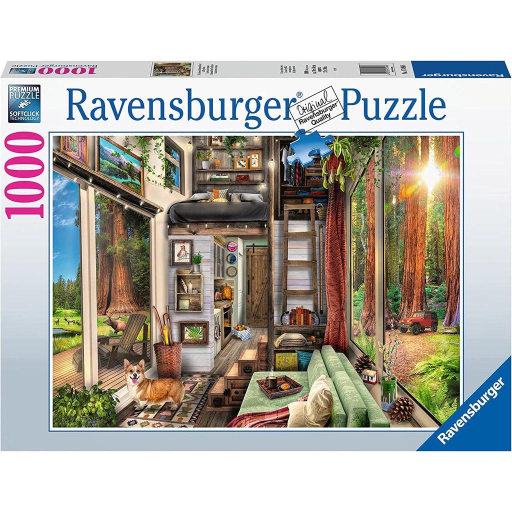 Image shows front of puzzle box. It has information such as brand name, Ravensburger, and piece count (1000pc). In the center is a picture of the finished puzzle. Puzzle described on next image.