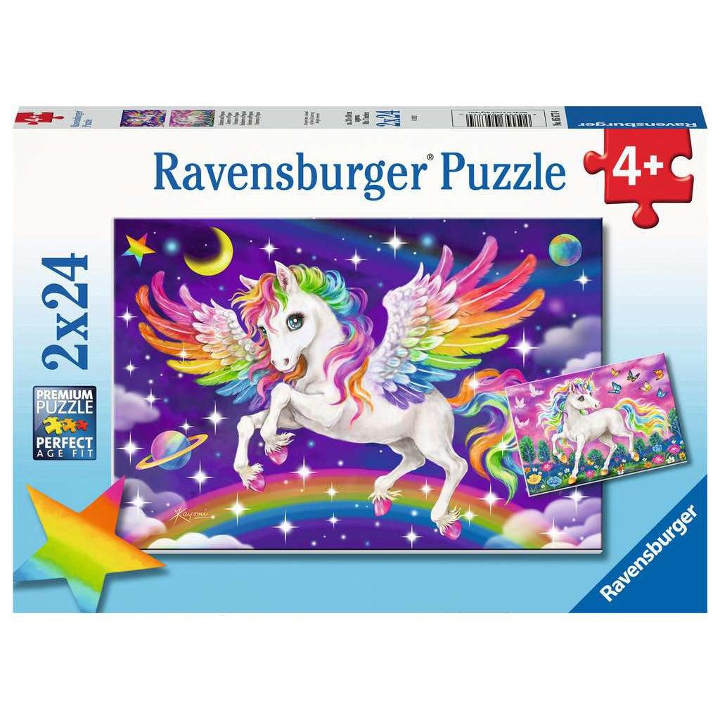 Puzzle box | Image shows large image of illustration of pegasus and small image of unicorn | Two 24 piece puzzles.