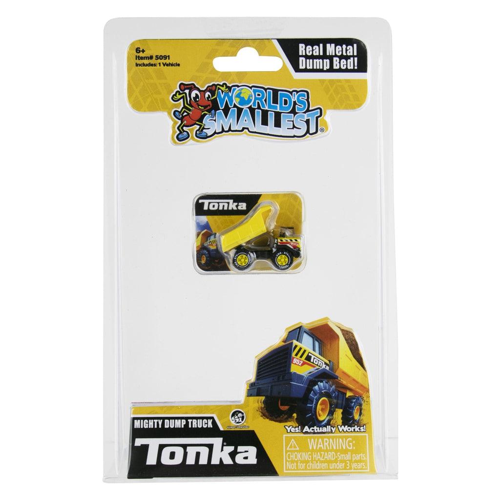 Shows packaging for World's Smallest Tonka Dump Truck.